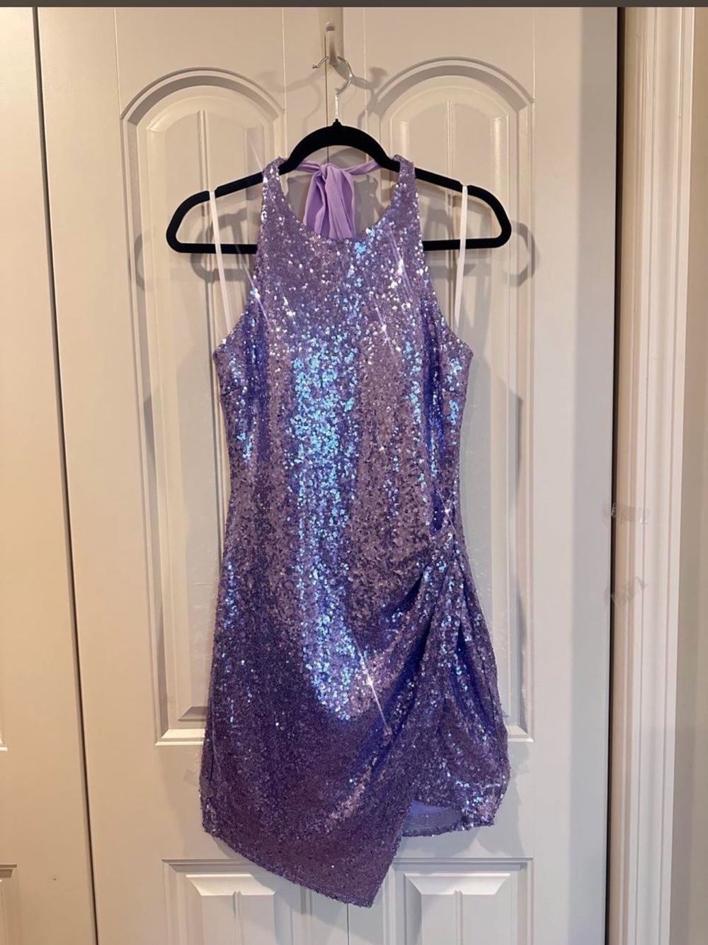 B Darlin Lavender Iridescent Sequin Halter Mini Dress